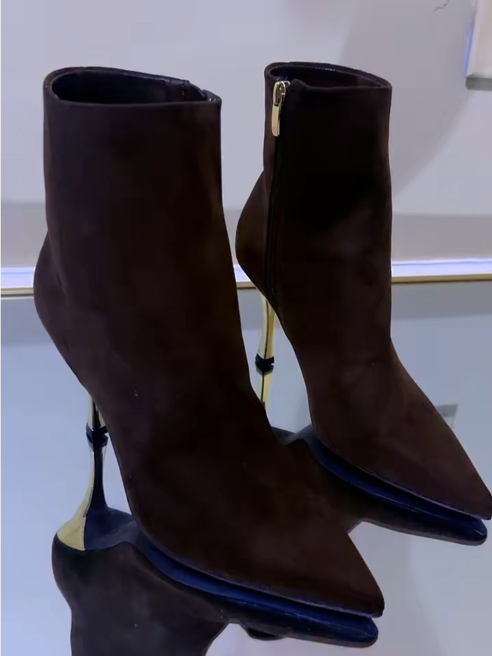 Nine West Dark Brown Suede Pointed Toe Ankle Boots with Gold Stiletto Heel